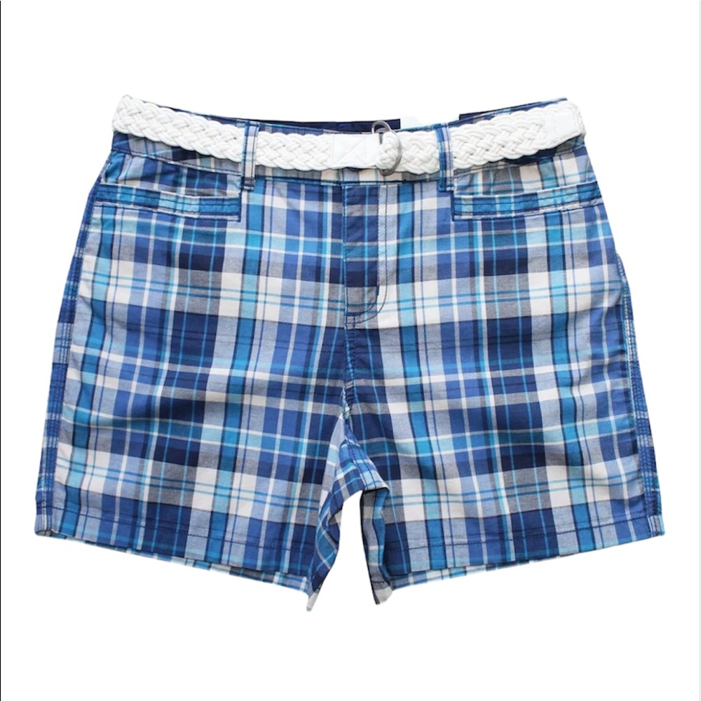 NWT Women's St. John's Bay Navy Blue Plaid Shorts w/ White Braided Belt Size 4